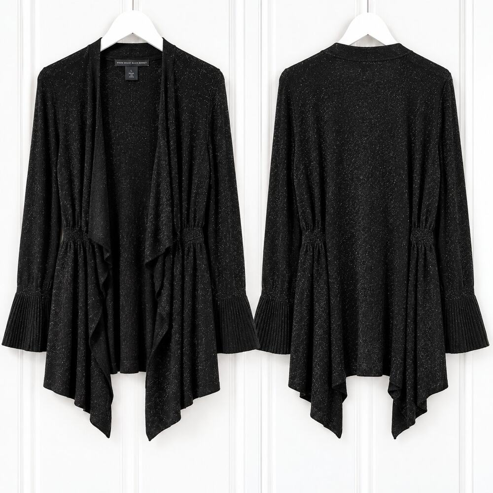 White House Black Market Cardigan L Black Sparkle Draped Bell Sleeve